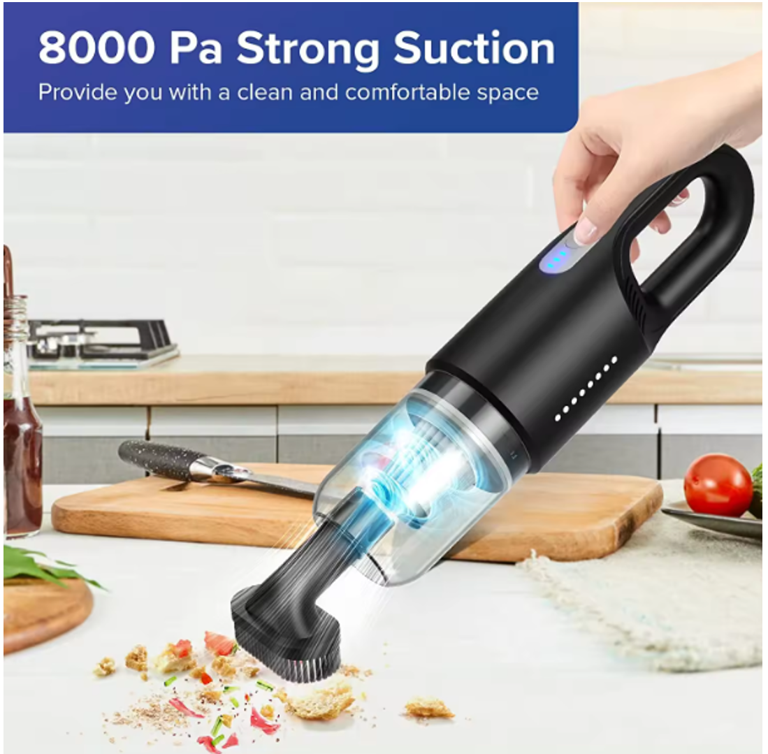 Aspirator de mana pentru Masina si Uz casnic, Fara fir, 11.1V, 0.7l, Putere 8.000 PA, Autonomie 35 minute, cu filtru HEPA