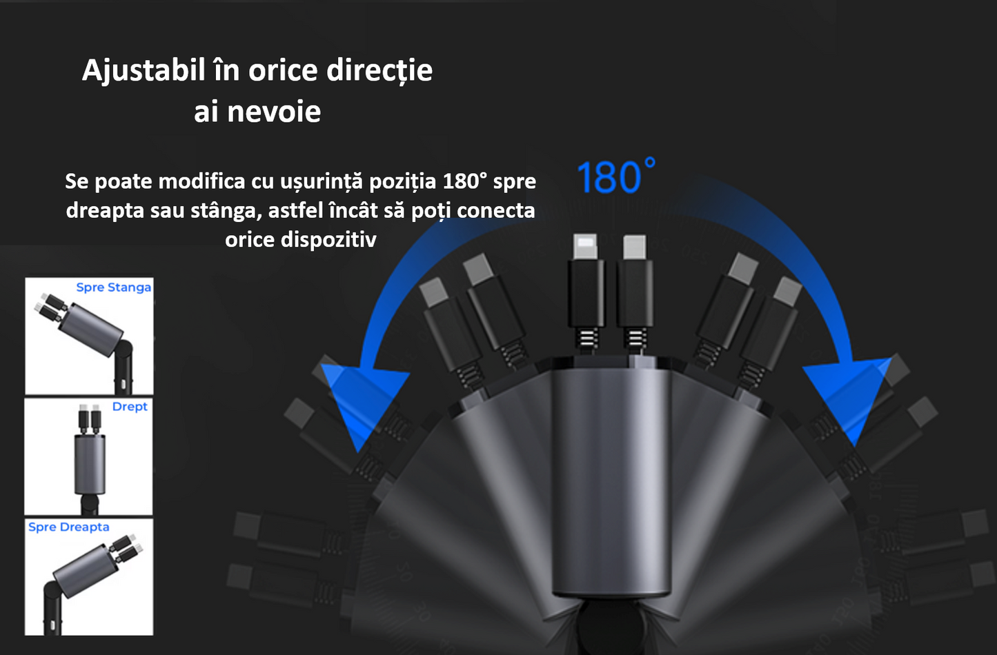 Incarcator auto Super Fast Charge, Cablu Retractabil Type-C + Lightning, Mufa USB, USB-C