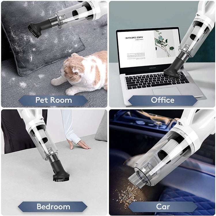 Aspirator de mana pentru Masina si Uz casnic, Fara fir, Reincarcabil, 11.1V, 0.7l, Putere 12.000 PA, Autonomie 35 minute, cu filtru HEPA, ALB