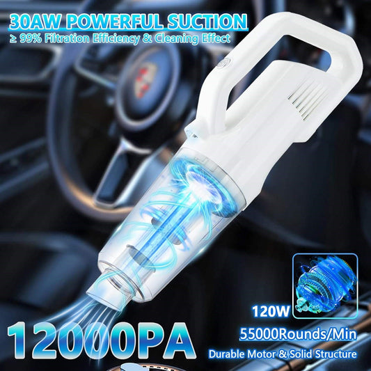 Aspirator de mana pentru Masina si Uz casnic, Fara fir, Reincarcabil, 11.1V, 0.7l, Putere 12.000 PA, Autonomie 35 minute, cu filtru HEPA, ALB