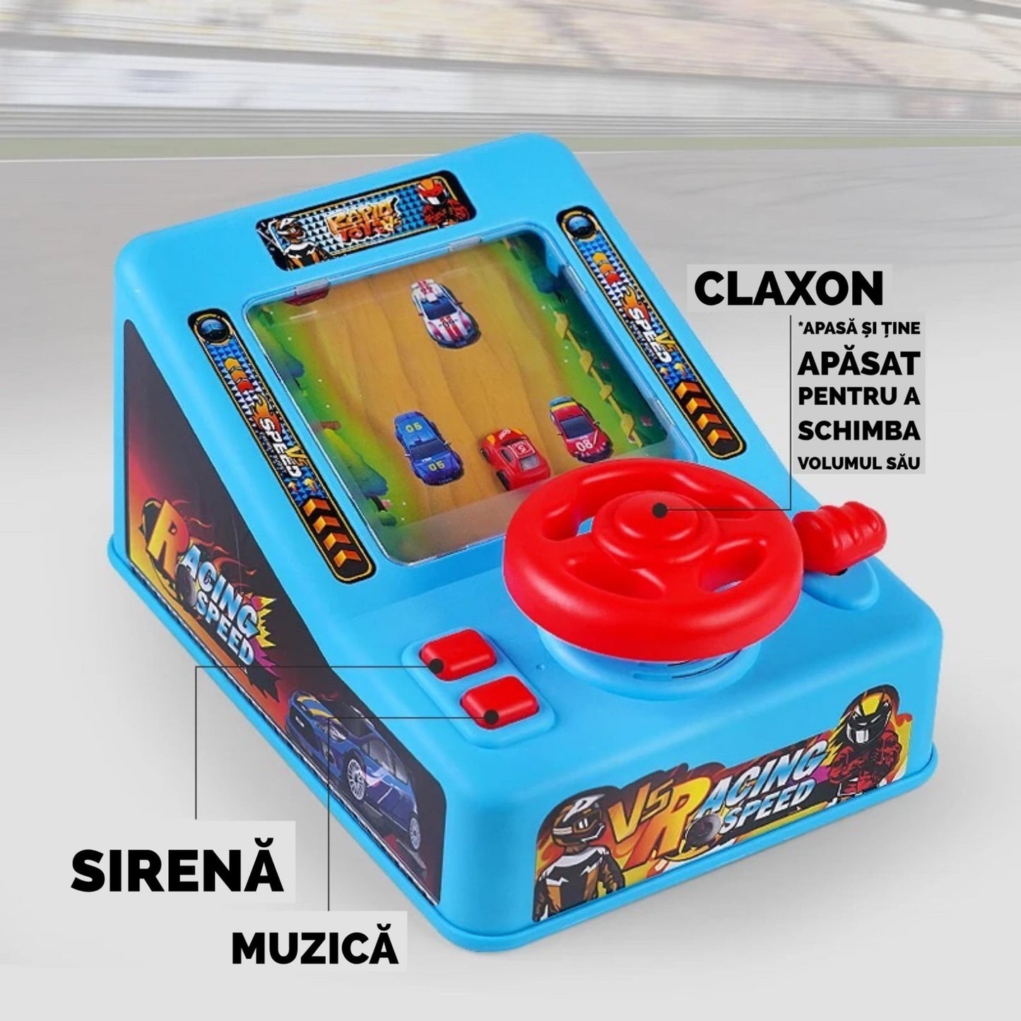 Simulator curse de masini pentru copii, cu volan si multiple functii interactive