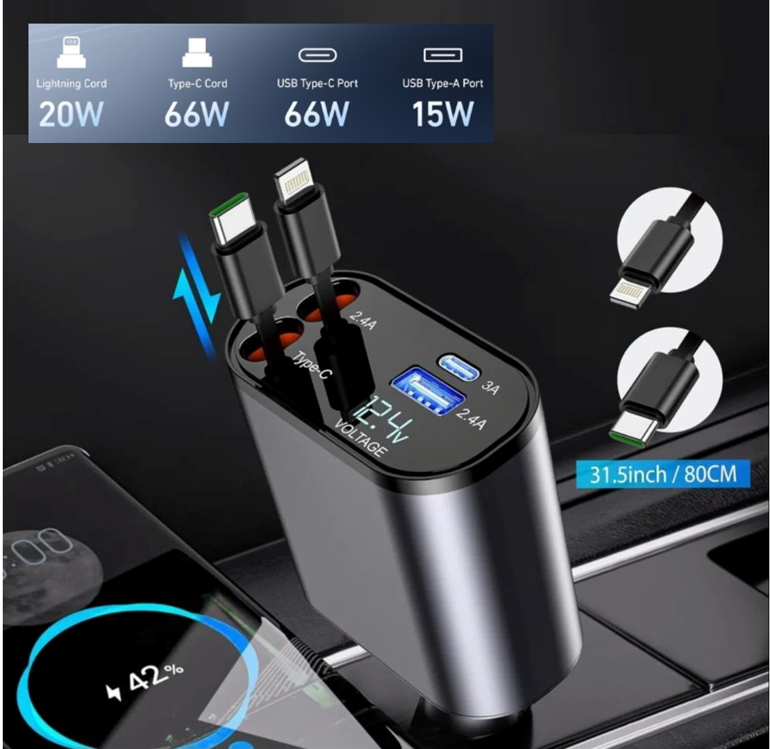 Incarcator auto Super Fast Charge, Cablu Retractabil Type-C + Lightning, Mufa USB, USB-C