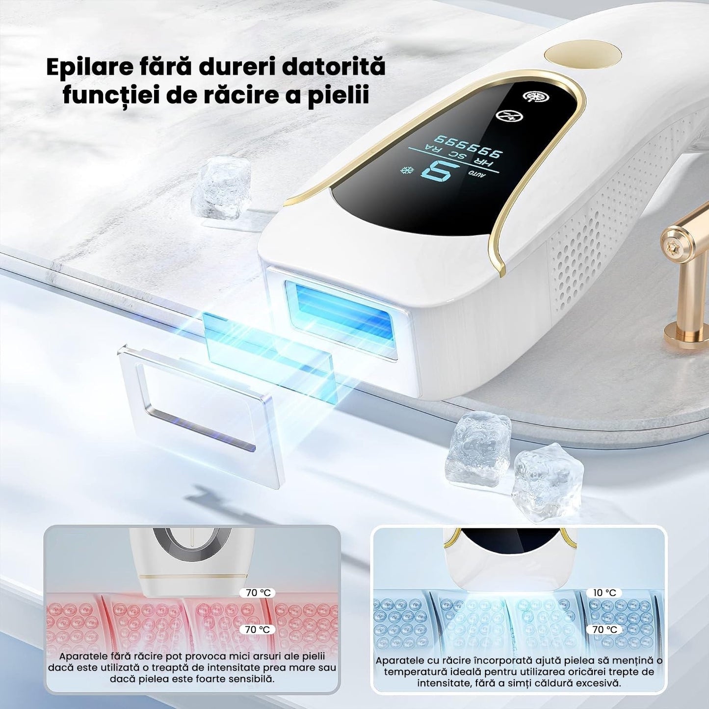 Epilator IPL SINZO®, 9 Trepte de intensitate cu Functie de Racire, Epilare definitiva fara durere, 999.999 impulsuri, Tehnologie IPL
