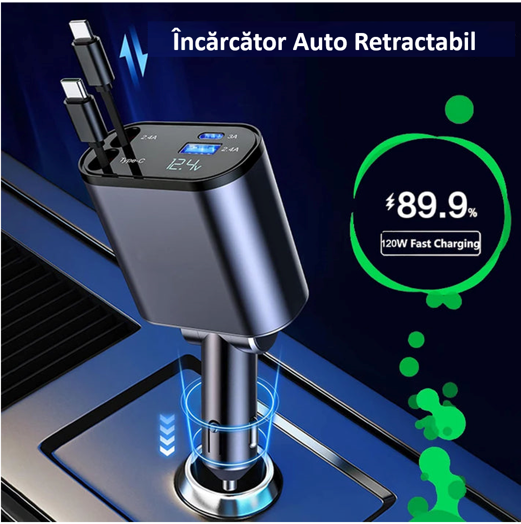 Incarcator auto Super Fast Charge, Cablu Retractabil Type-C + Lightning, Mufa USB, USB-C