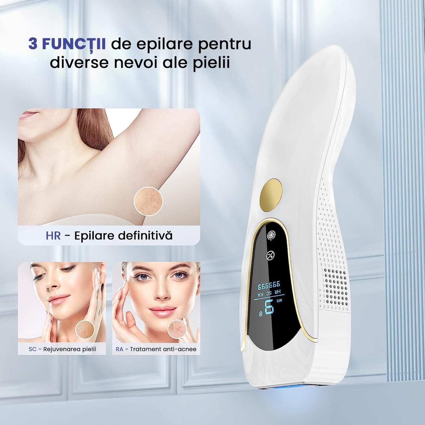 Epilator IPL SINZO®, 9 Trepte de intensitate cu Functie de Racire, Epilare definitiva fara durere, 999.999 impulsuri, Tehnologie IPL