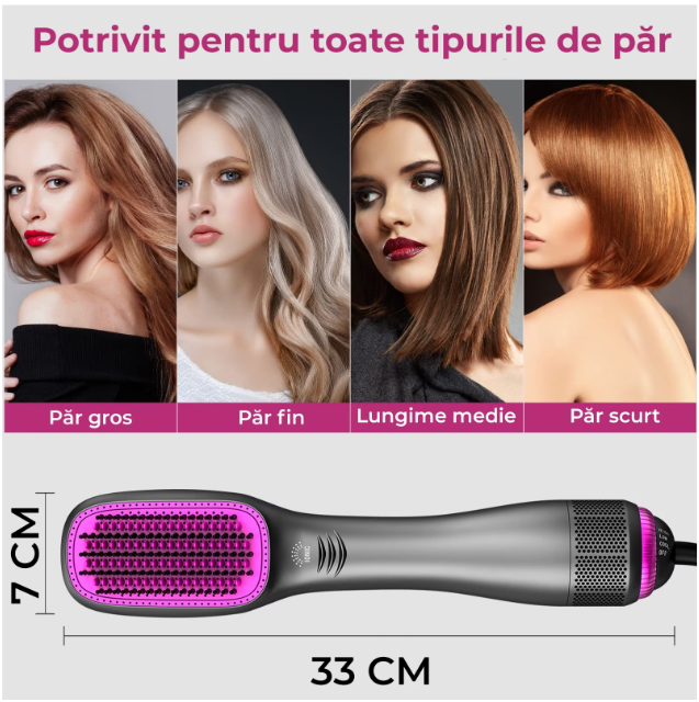 Perie de par electrica 3 in 1 pentru volum, coafare, uscare si indreptare rapida, Ceramica, Tehnologie cu ioni negativi