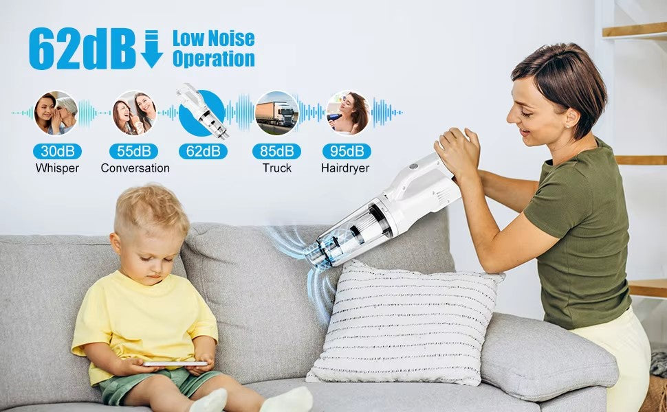 Aspirator de mana pentru Masina si Uz casnic, Fara fir, Reincarcabil, 11.1V, 0.7l, Putere 12.000 PA, Autonomie 35 minute, cu filtru HEPA, ALB