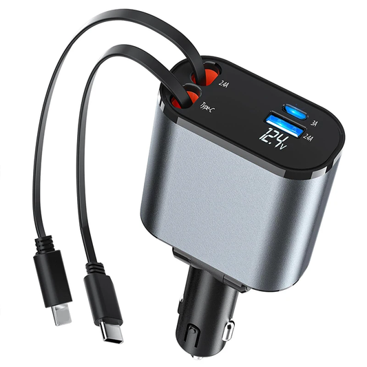 Incarcator auto Super Fast Charge, Cablu Retractabil Type-C + Lightning, Mufa USB, USB-C