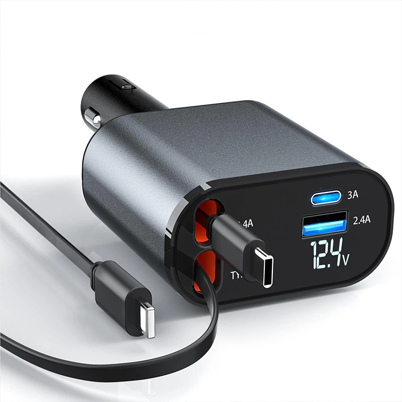 Incarcator auto Super Fast Charge, Cablu Retractabil Type-C + Lightning, Mufa USB, USB-C
