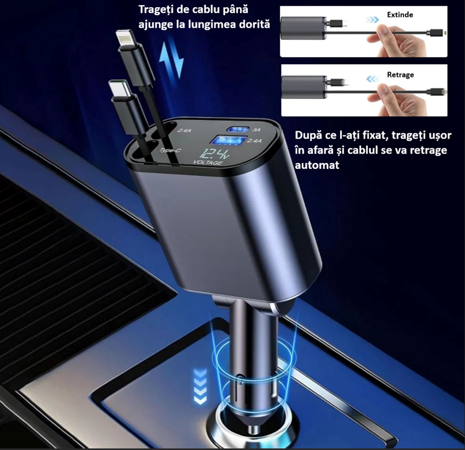 Incarcator auto Super Fast Charge, Cablu Retractabil Type-C + Lightning, Mufa USB, USB-C