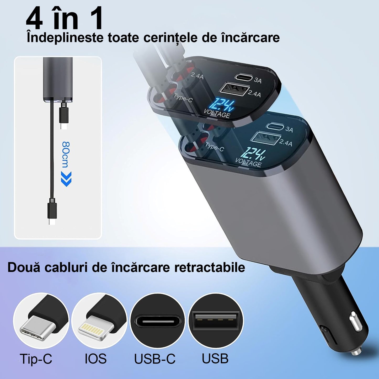 Incarcator auto Super Fast Charge, Cablu Retractabil Type-C + Lightning, Mufa USB, USB-C