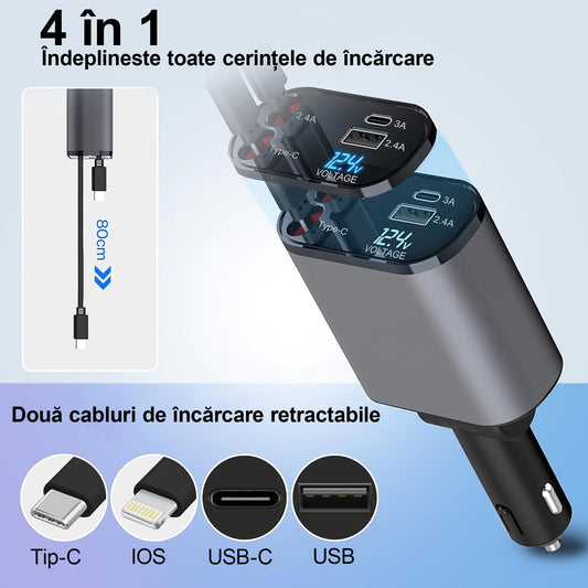 Incarcator auto Super Fast Charge, Cablu Retractabil Type-C + Lightning, Mufa USB, USB-C