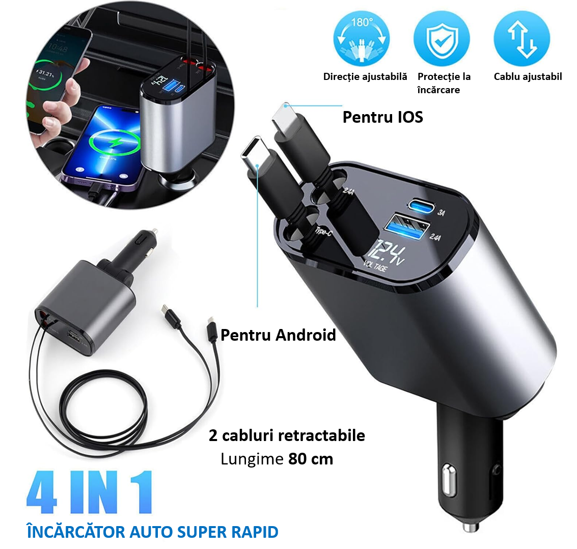 Incarcator auto Super Fast Charge, Cablu Retractabil Type-C + Lightning, Mufa USB, USB-C