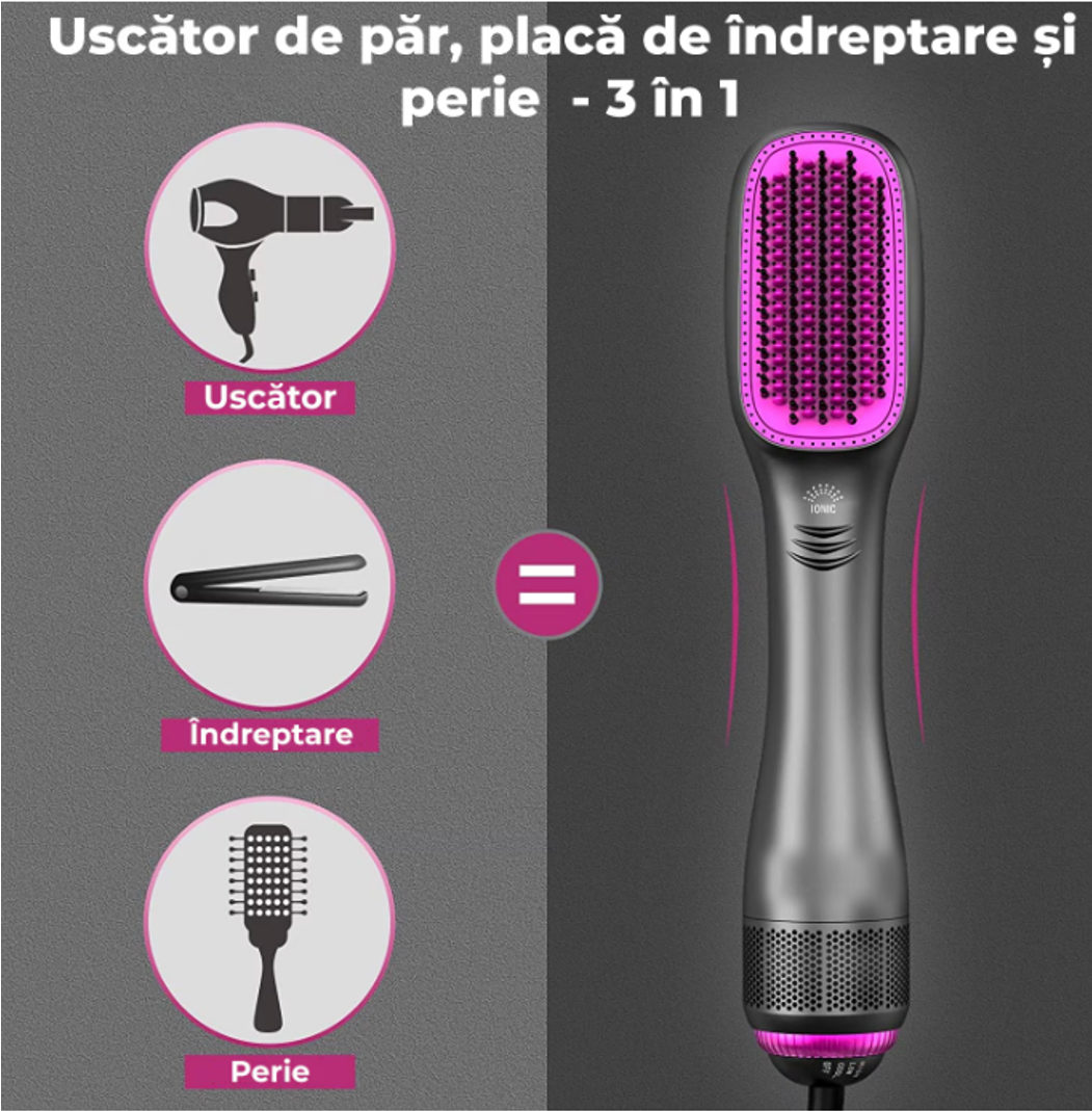 Perie de par electrica 3 in 1 pentru volum, coafare, uscare si indreptare rapida, Ceramica, Tehnologie cu ioni negativi