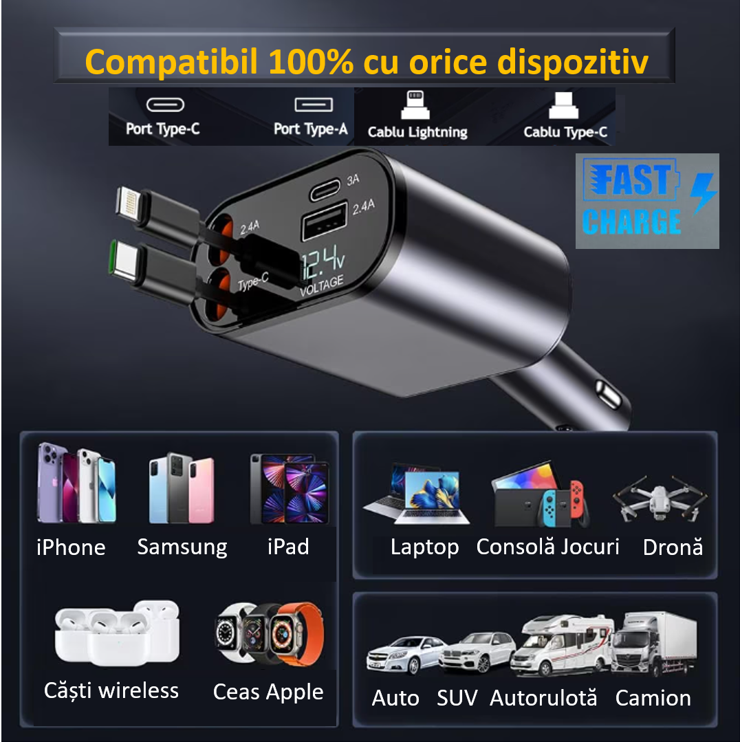 Incarcator auto Super Fast Charge, Cablu Retractabil Type-C + Lightning, Mufa USB, USB-C