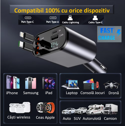 Incarcator auto Super Fast Charge, Cablu Retractabil Type-C + Lightning, Mufa USB, USB-C