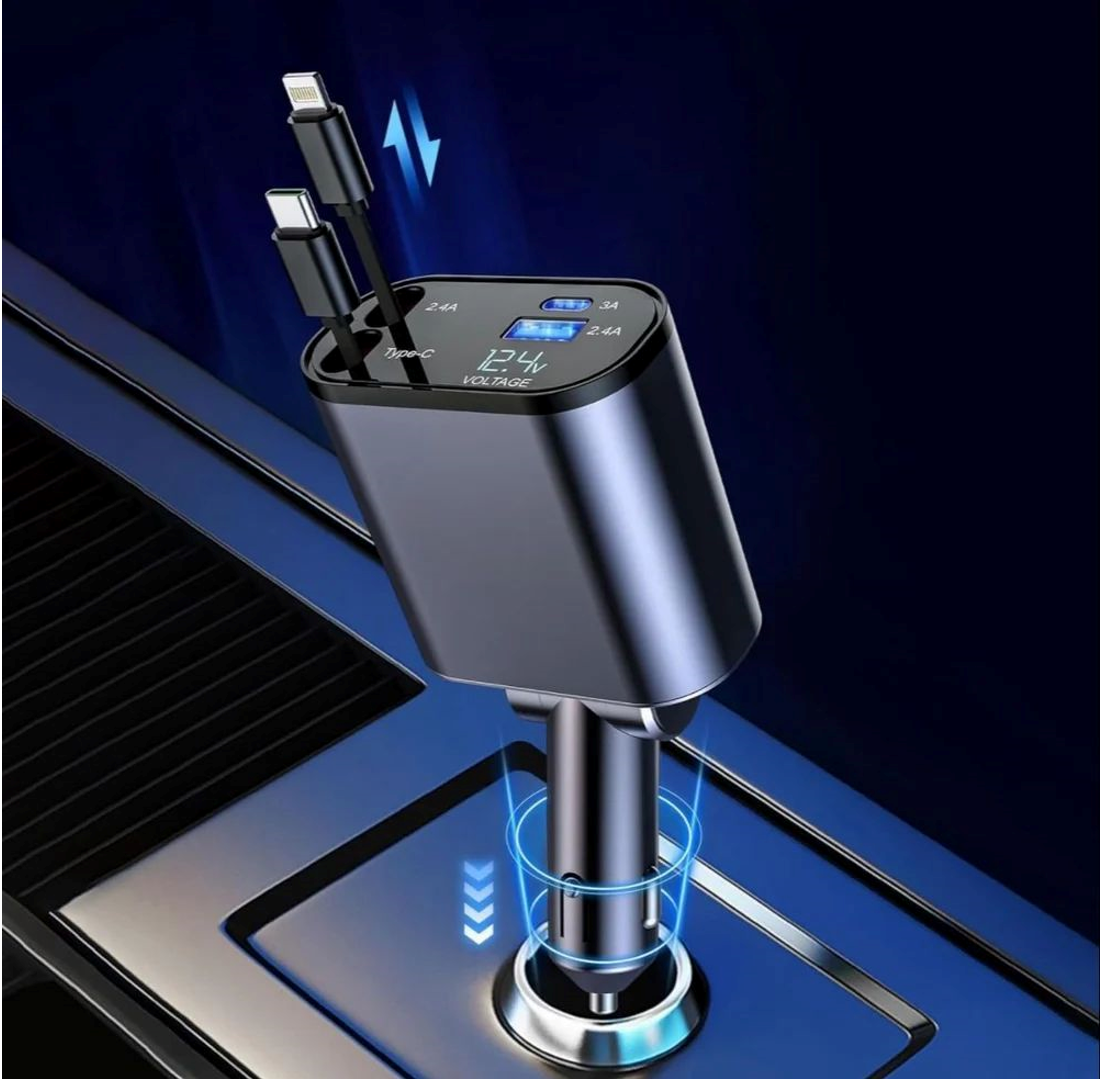 Incarcator auto Super Fast Charge, Cablu Retractabil Type-C + Lightning, Mufa USB, USB-C