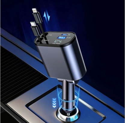 Incarcator auto Super Fast Charge, Cablu Retractabil Type-C + Lightning, Mufa USB, USB-C