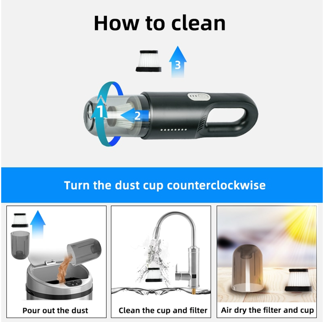 Aspirator de mana pentru Masina si Uz casnic, Fara fir,  11.1V, 0.7l, Putere 8.000 PA, Autonomie 35 minute, cu filtru HEPA